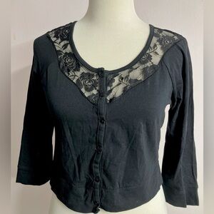 Color Story Women’s Cropped Sweater, Size L, Black with Lace, 3/4 Sleeves
